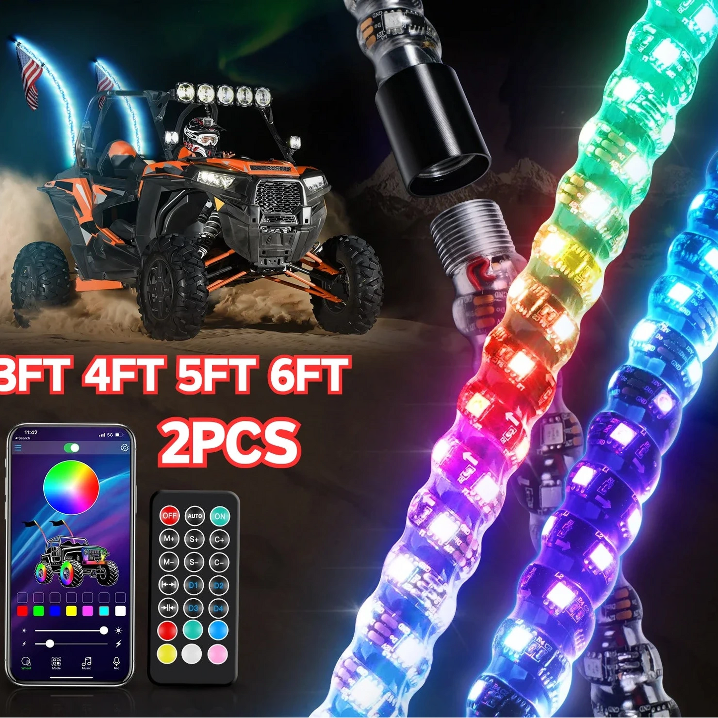Altora Vortex 3FT 4FT 5FT 6FT LED Spiral Whip Light — RGB App Control Off-Road Flag Pole
