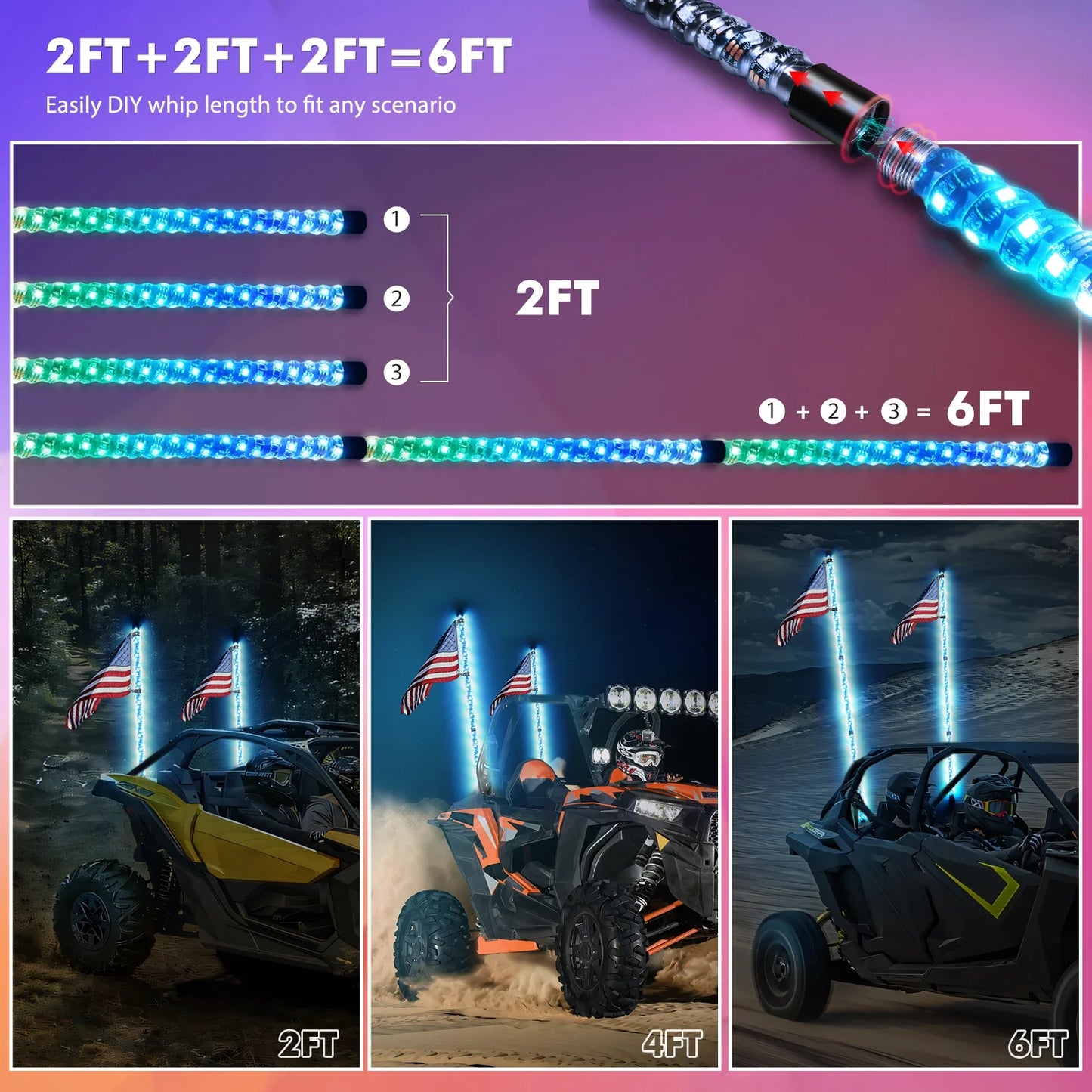 Altora Vortex 3FT 4FT 5FT 6FT LED Spiral Whip Light — RGB App Control Off-Road Flag Pole